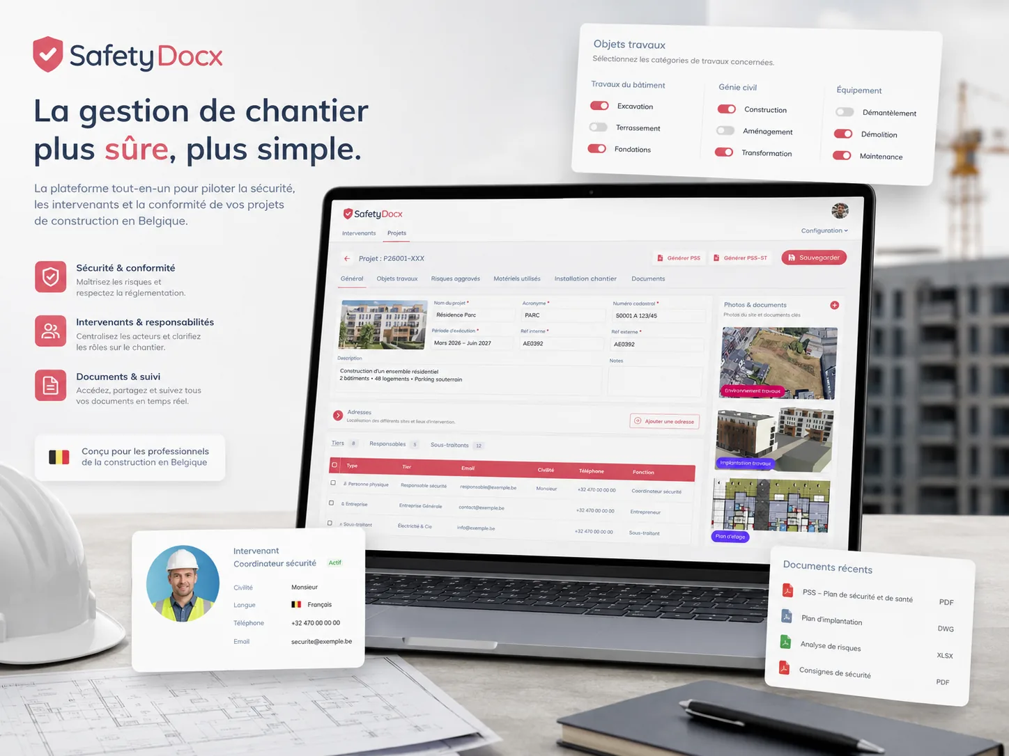 Aperçu de l'interface SafetyDocx : gestion de projet de construction, intervenants, objets travaux et documents PSS